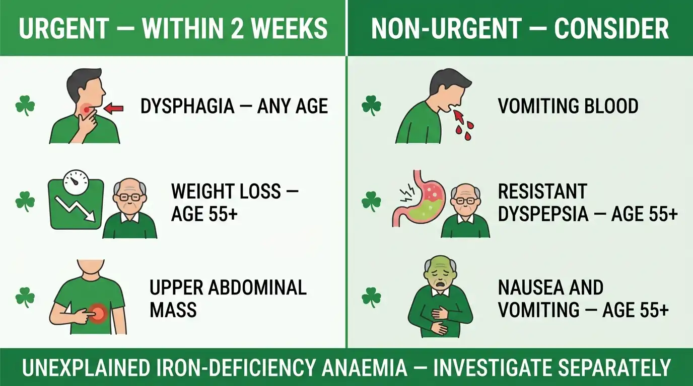 Infographic comparing urgent endoscopy referral criteria within two weeks — dysphagia at any age, weight loss and upper abdominal mass — with non-urgent criteria such as vomiting blood and resistant dyspepsia, on a green clover-marked layout