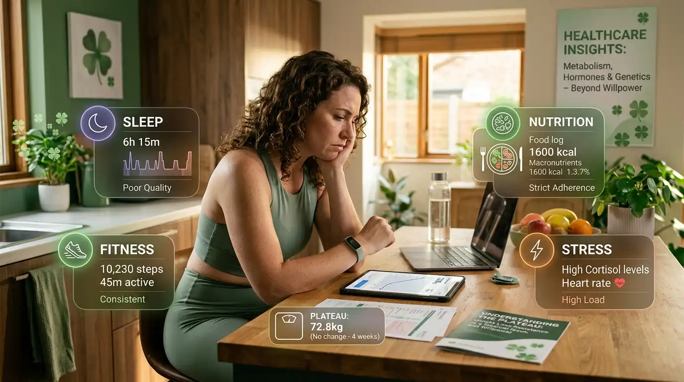 Patient facing a weight loss plateau while tracking sleep, nutrition, fitness, and stress in a warm green home setting with four-leaf clover details